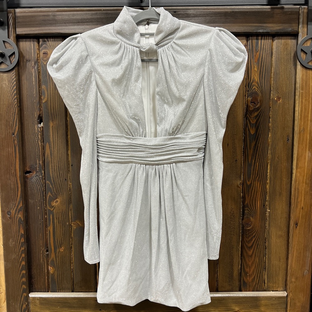 Mac Duggal Silver Mini Dress with Puff Shoulder, Long Sleeves